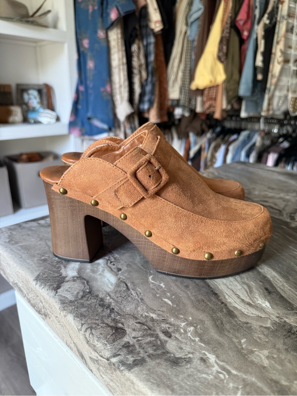 Suede Buckle Platform Clogs